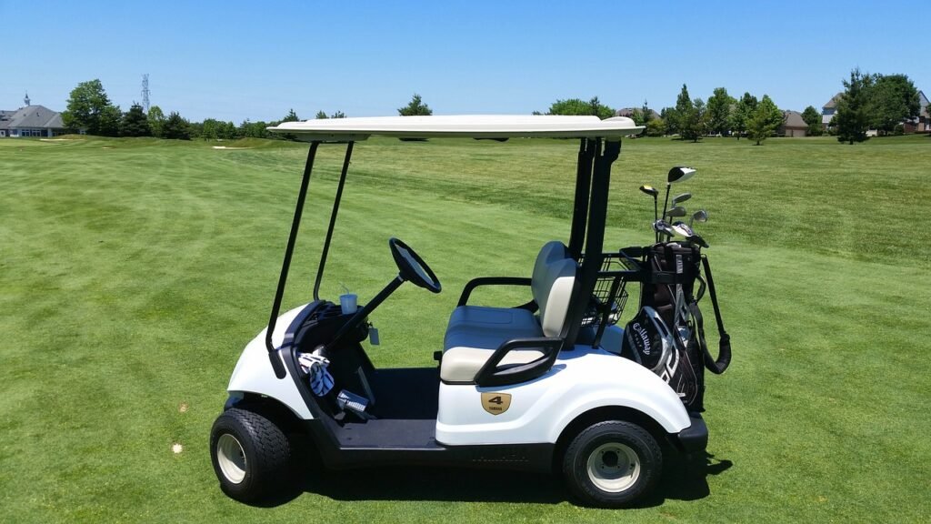 Medium sized Golf cart with grass and trees surrounding golf course