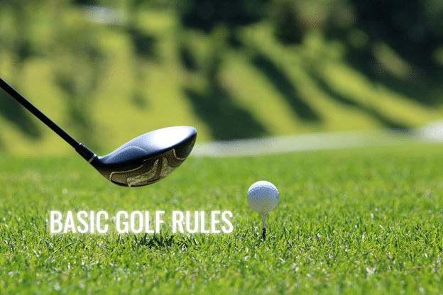 a golf bat and a ball in golf course representing basic golf rules