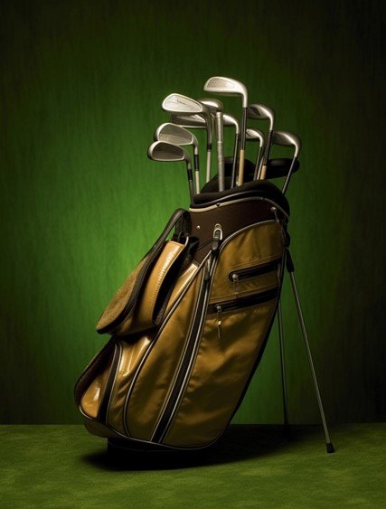 Golf bags with golf accessories in a golf course