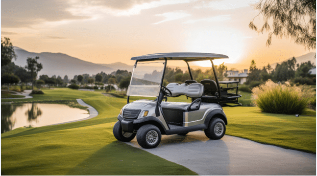 a golf cart in a golf course with battery operated golf cart