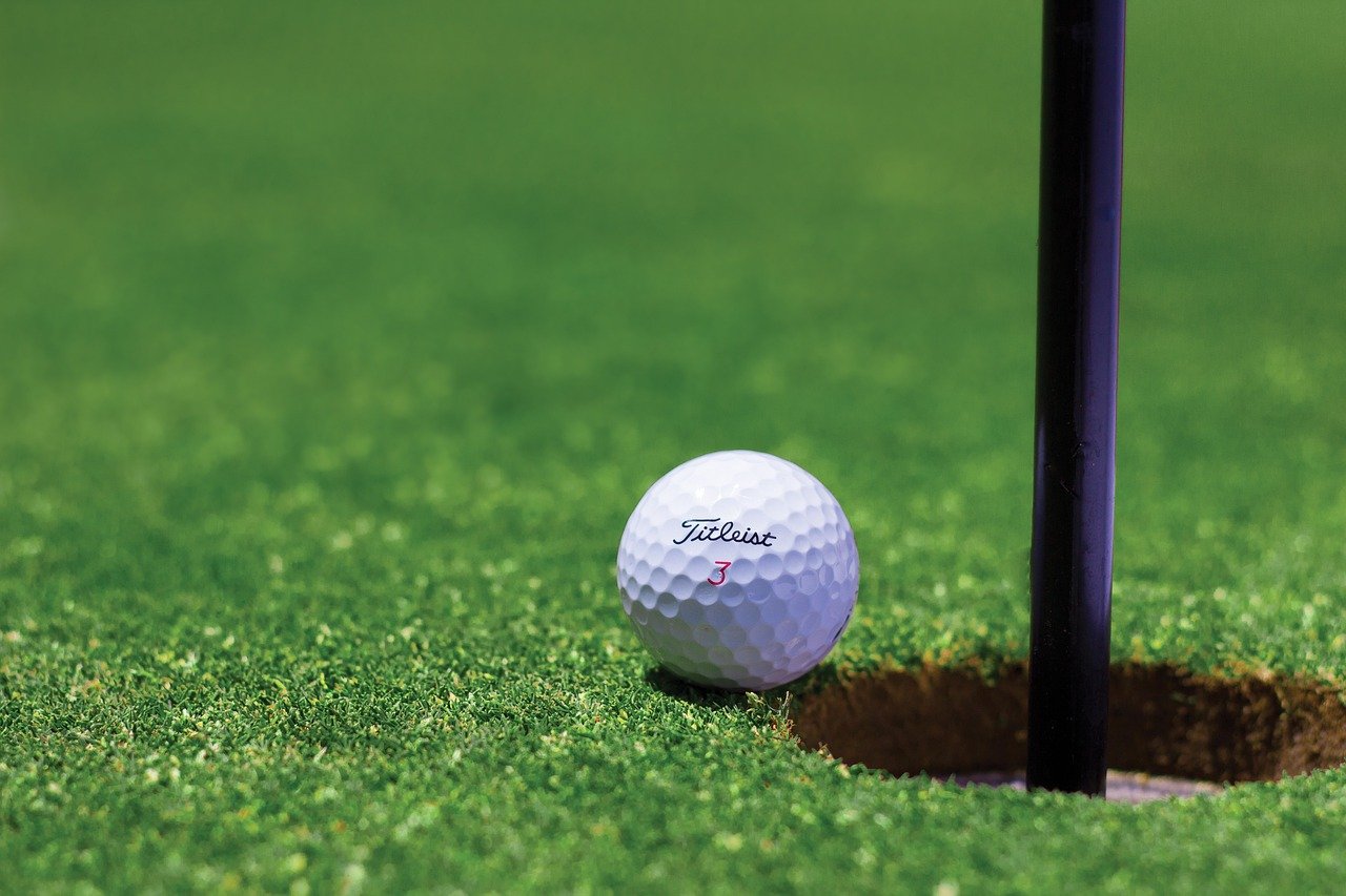 White golf balls in a green field