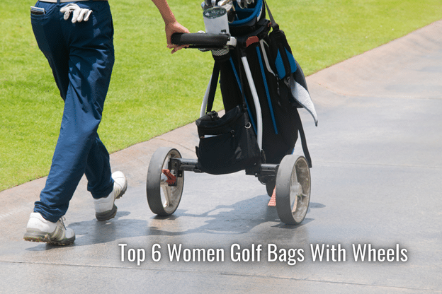 a female golfer is using golf bag with wheels