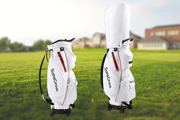 2 white SunsGrove Golf Cart Bag in golf course