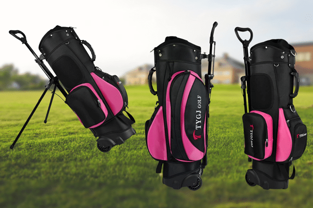 3 pink Junz Golf Bag with Trolley Wheels in golf course