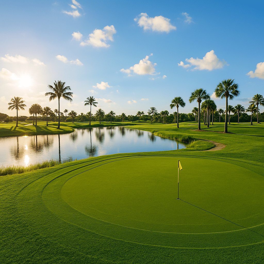 A sunny Florida golf course with palm trees lining a reflective water hazard, a manicured green in the foreground, and a clear blue sky overhead.