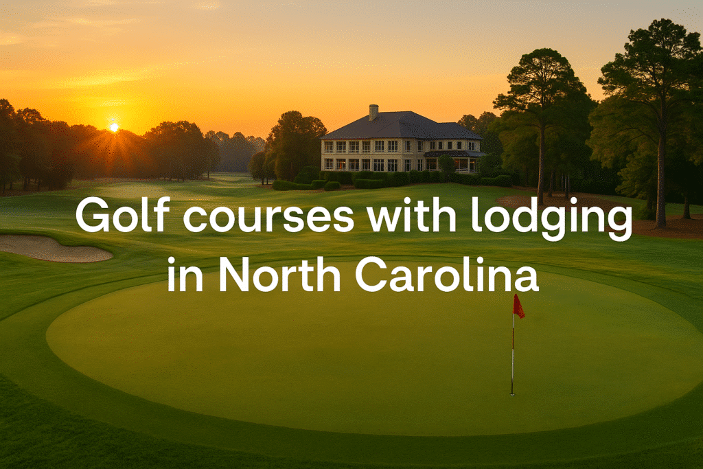 A serene golf resort at sunrise, showcasing vibrant fairways, manicured putting greens, and a classic resort building nestled among mature trees, offering lodging and golf in North Carolina.