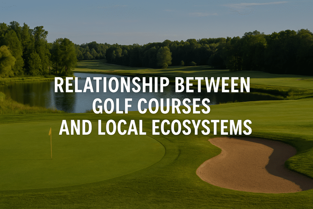 A lush green golf course with a serene lake, sand bunker, and tree-lined fairways, with the text 'Relationship Between Golf Courses and Local Ecosystems' displayed prominently.