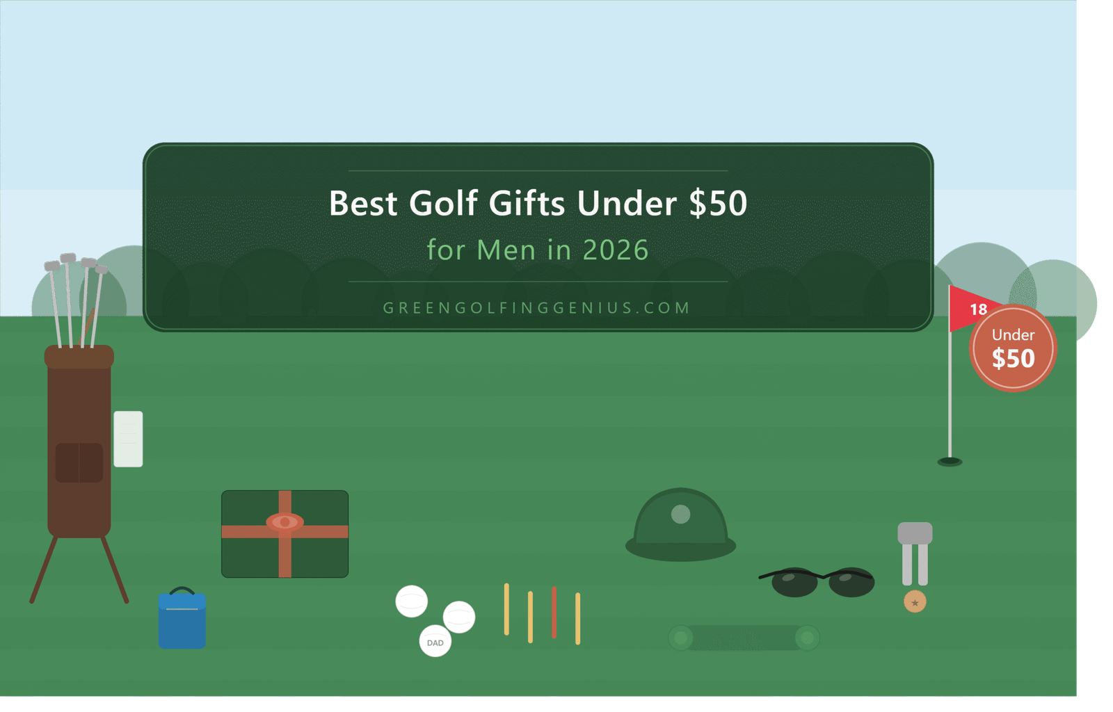 Best Golf Gifts Under $50 for Men in 2026 — golf accessories gift set with balls tees glove and hat on a putting green